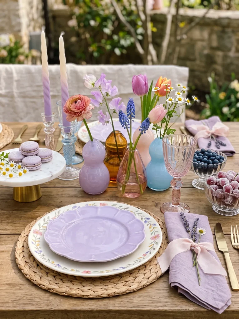 Pastel hand-blown glass bud vases in lavender, amber, and blush with single stems