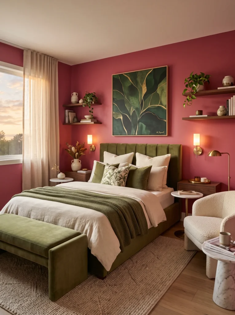 raspberry pink walls with olive green velvet bed and champagne bronze lighting