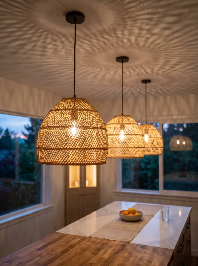 Staggered rattan pendant lights over a kitchen island casting dappled shadow patterns.