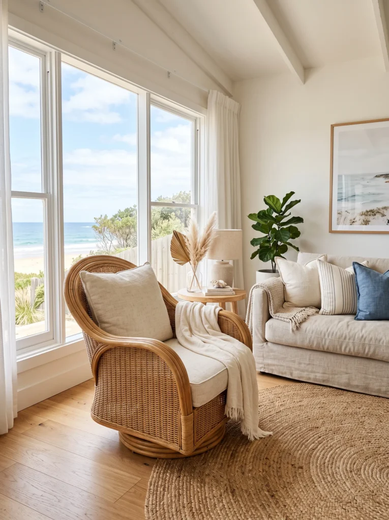 Curved rattan swivel chair beside a linen sofa in a bright living room