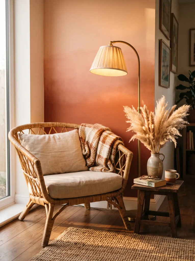 Warm peach-to-rust gradient accent wall in a cozy reading nook with rattan chair
