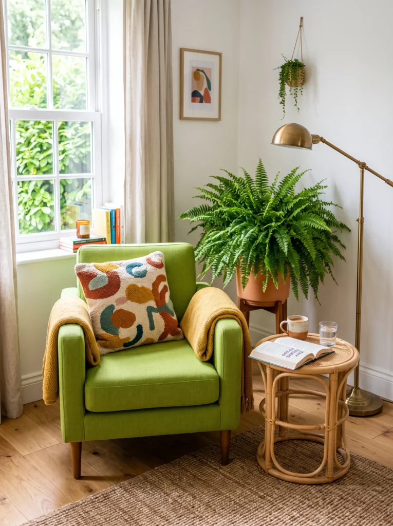Bright wasabi-green accent chair in a neutral reading corner with rattan side table