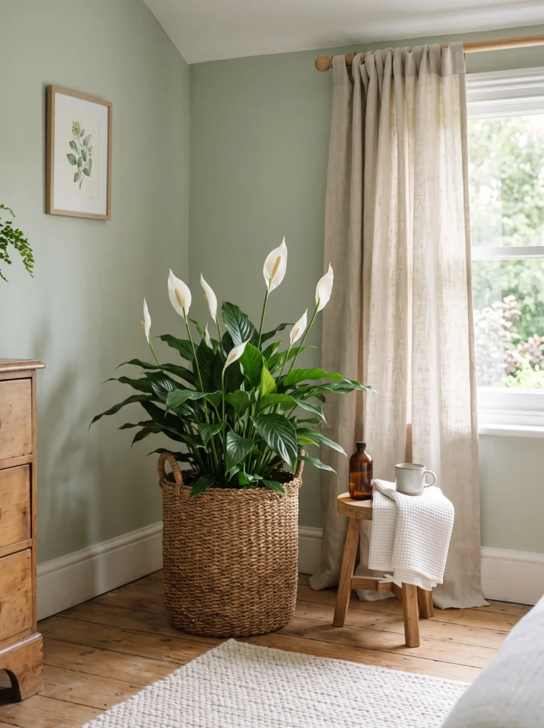 Peace lily with white curved spathe blooms in a woven basket planter in a calm bedroom corner
