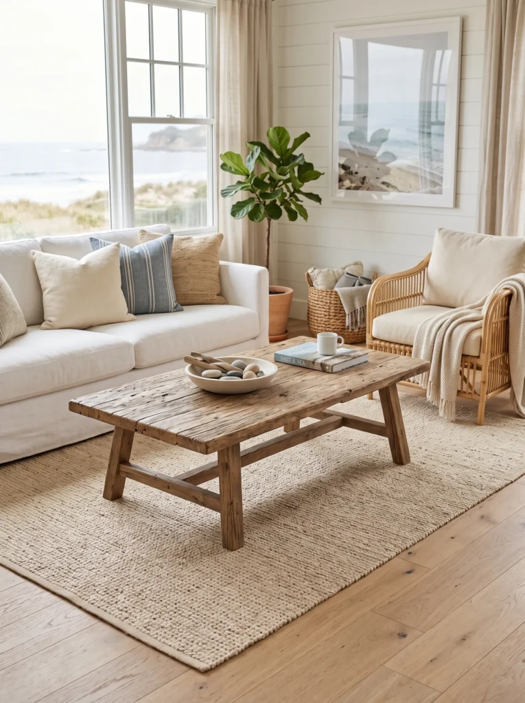 Reclaimed wood coffee table styled with trays and greenery in a coastal living room