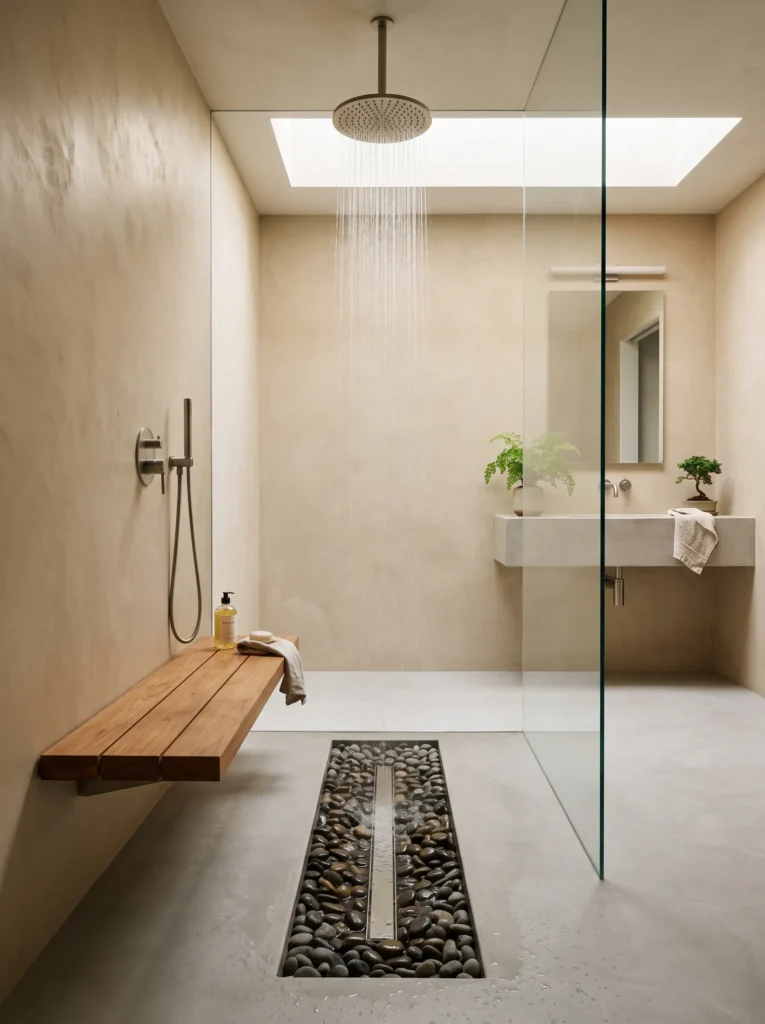 recessed river stone drainage channel beneath a rainfall shower