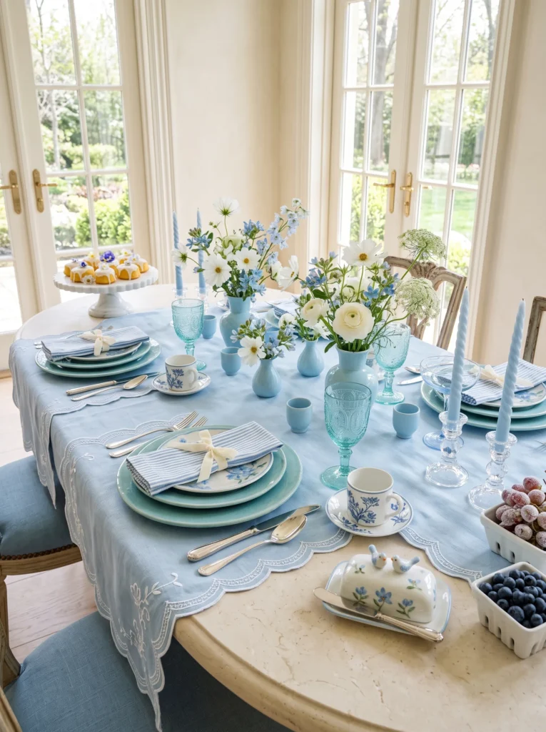 Robin's egg blue brunch table with crackled ceramic plates and white spring flowers