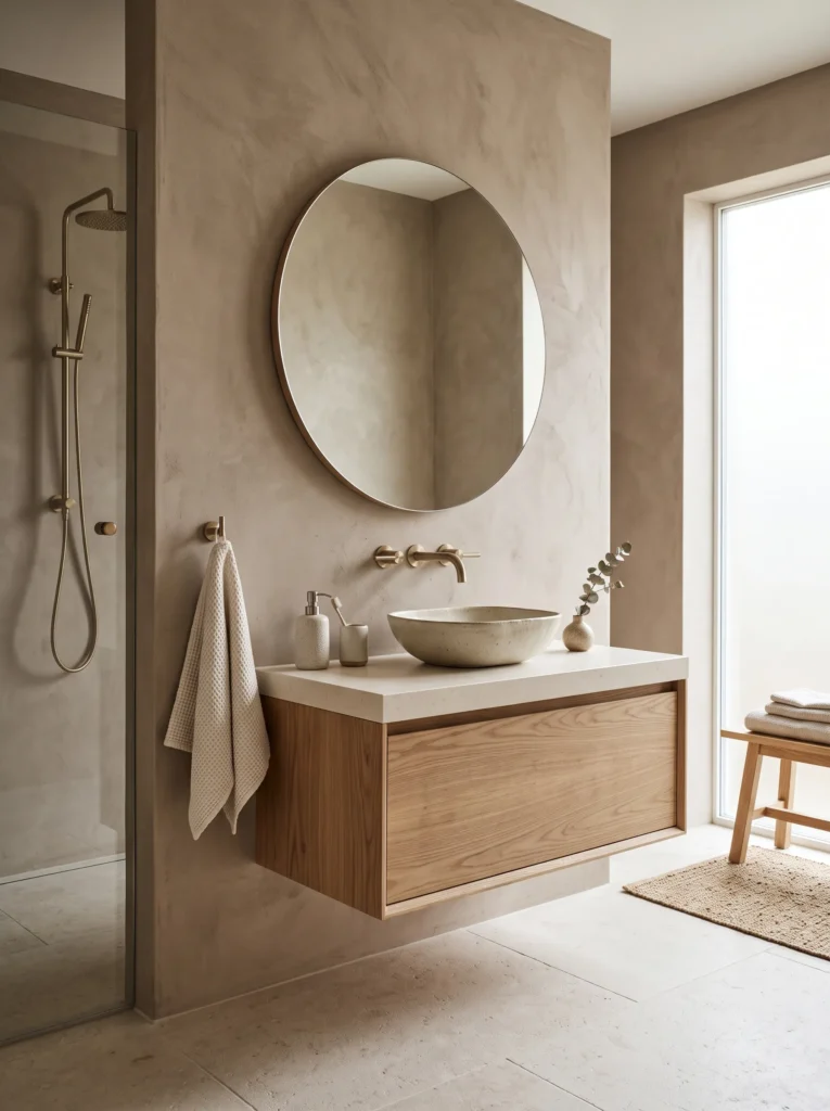 mushroom-taupe Roman clay plaster walls in a Japandi bathroom