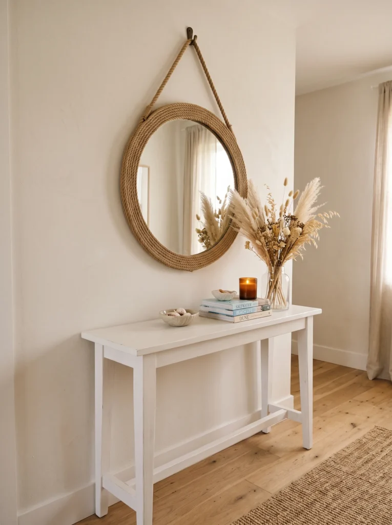 Round rope-wrapped mirror above a white console table in a coastal-style living room