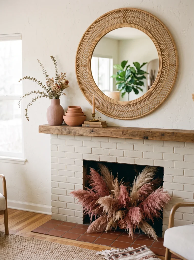 Rose-toned dried pampas grass filling a fireplace firebox
