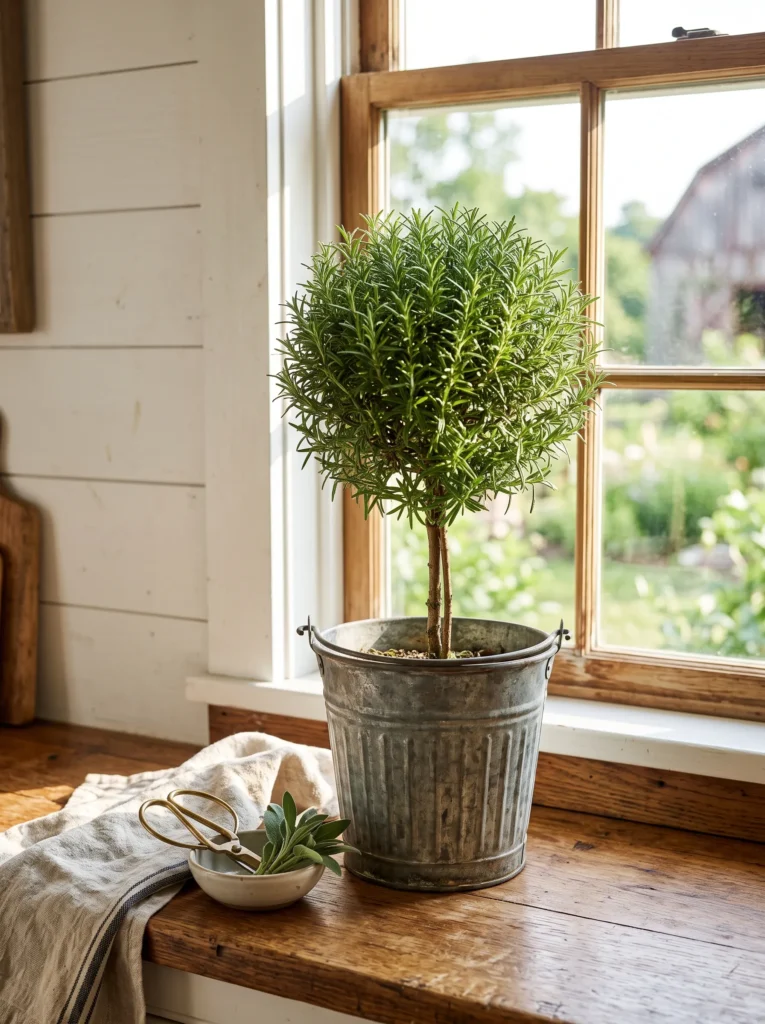 Rosemary topiary trimmed into a ball shape in a galvanized tin bucket on a farmhouse windowsill