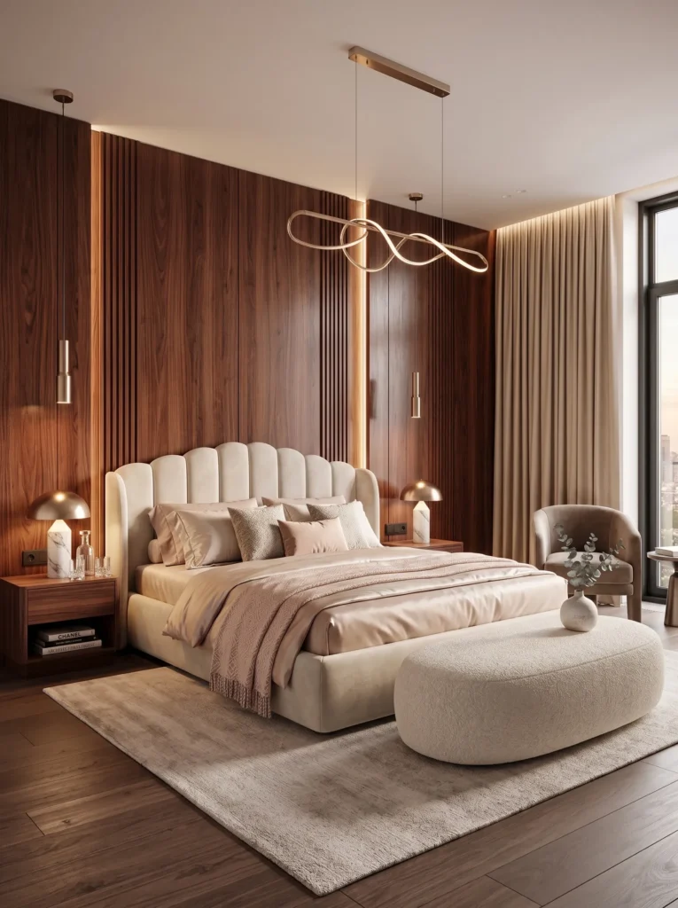 Rosewood paneled bedroom with curved cream velvet bed