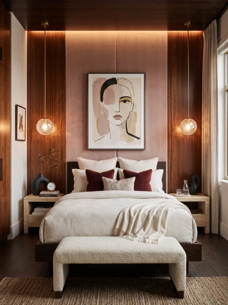 rosewood wall paneling behind a blush upholstered bed with hidden LED cove lighting