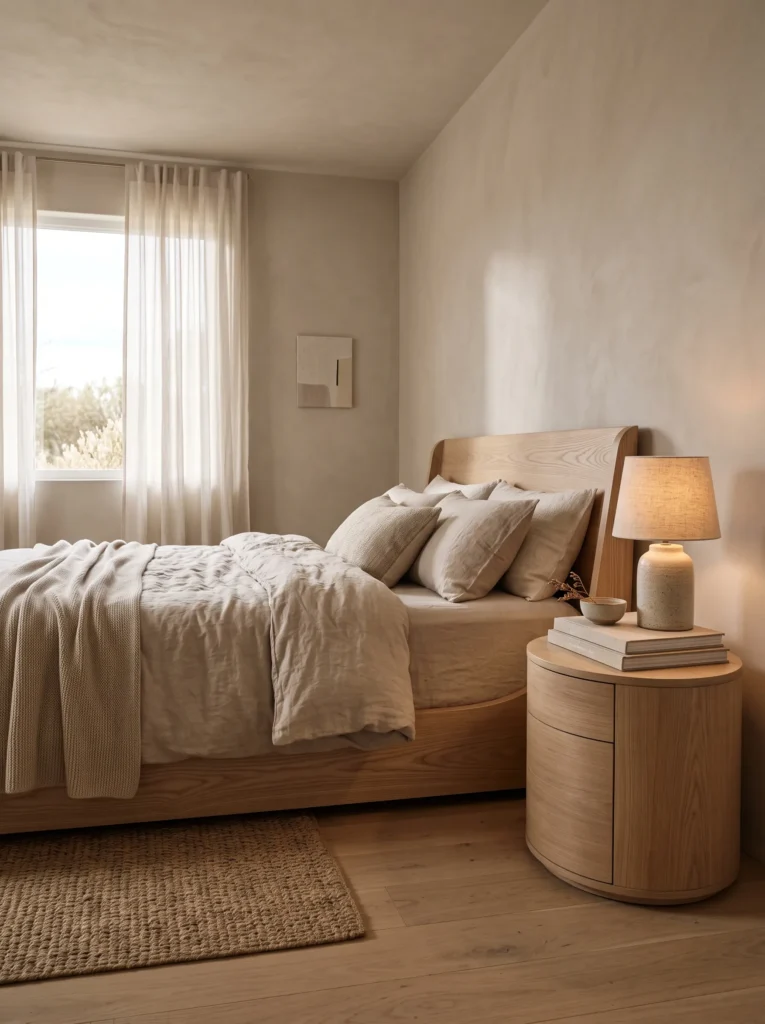 Rounded solid ash wood nightstand beside a curved platform bed