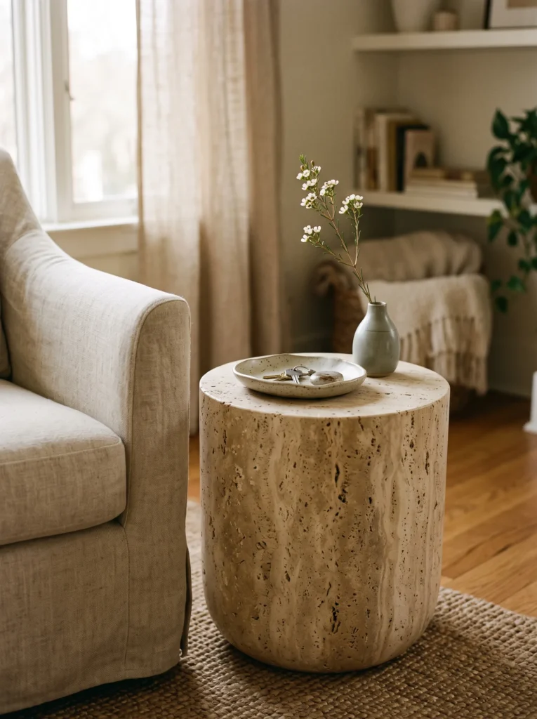 Rounded travertine side table with visible natural texture beside a linen-draped chair.
