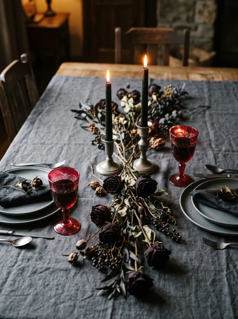 vintage ruby red glassware Halloween tablescape with black taper candles