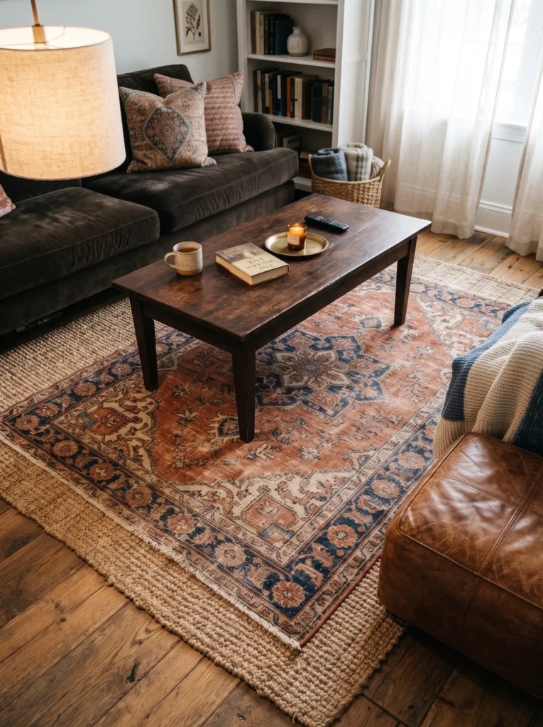  Faded vintage rug layered over a jute base rug under a dark wood coffee table