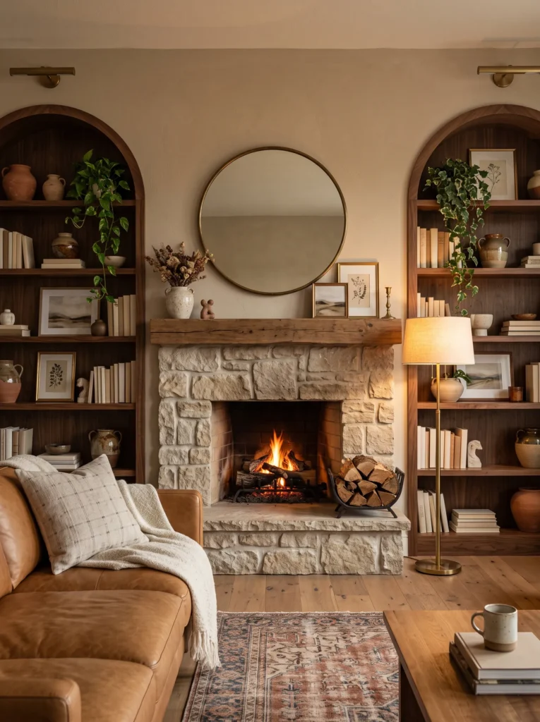 arched walnut bookcases framing a natural limestone fireplace