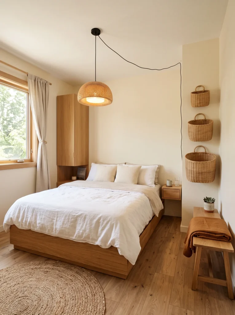 Wall-mounted rattan storage baskets in a small rust-toned bedroom