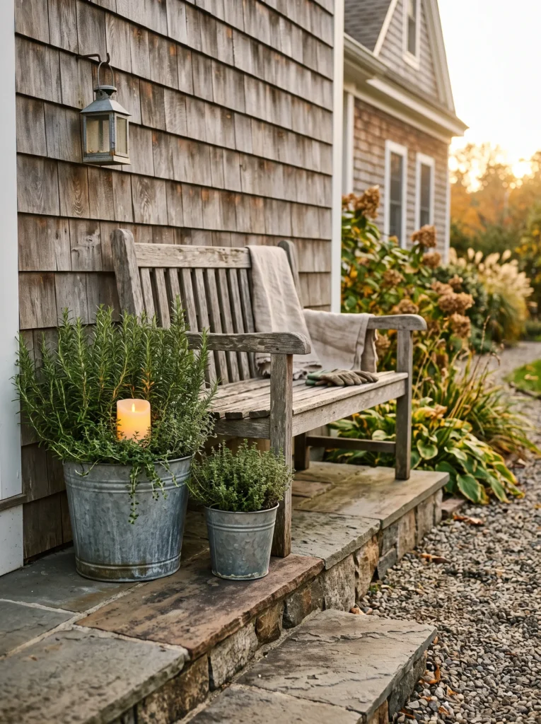 Reclaimed wood bench beside galvanized rosemary planters on porch steps