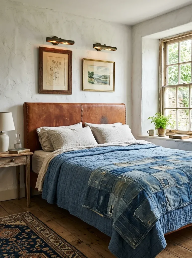 Saddle leather headboard with denim quilt against chalky plaster walls