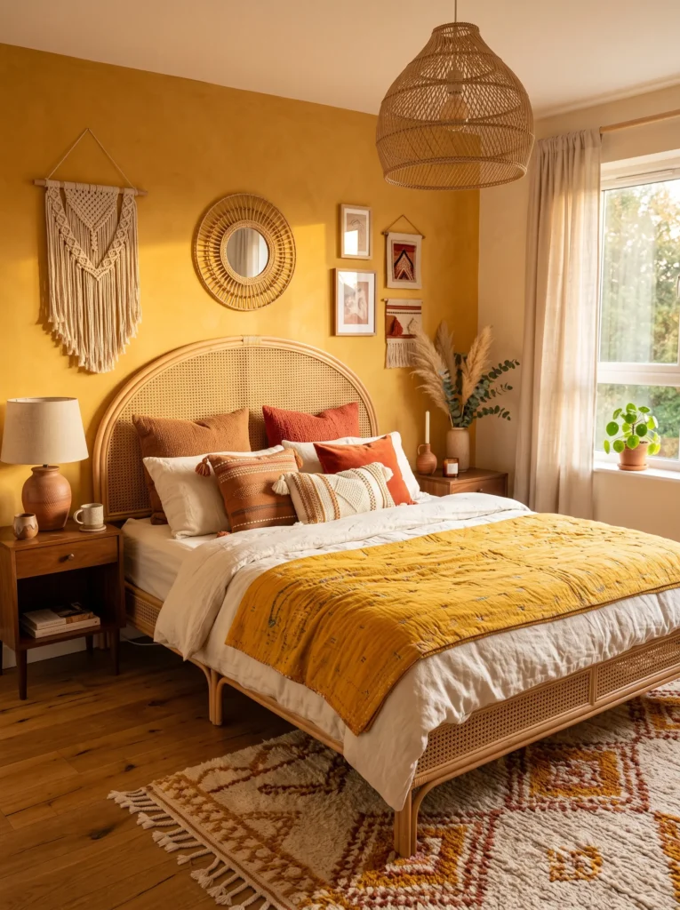 Saffron gold boho bedroom with woven headboard and handmade pottery