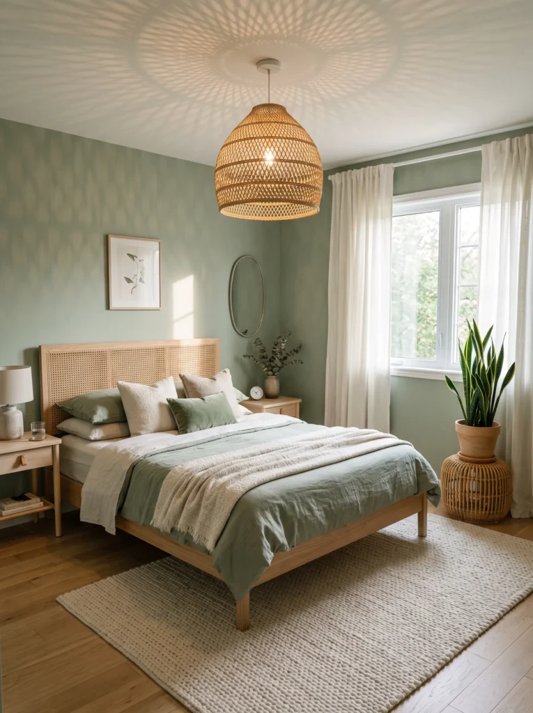 Sage green and bone white bedroom with rattan headboard