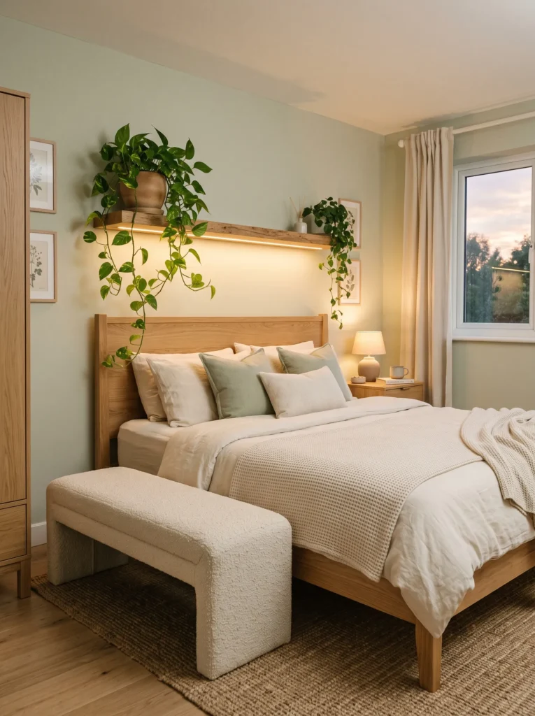 Floating oak ledge with a trailing pothos above a sage green bed