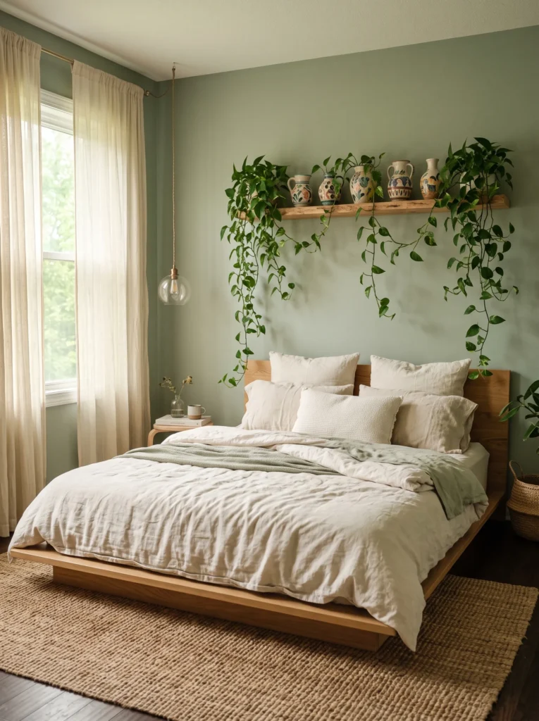 Sage green garden-inspired bedroom with floating shelf and trailing pothos plant