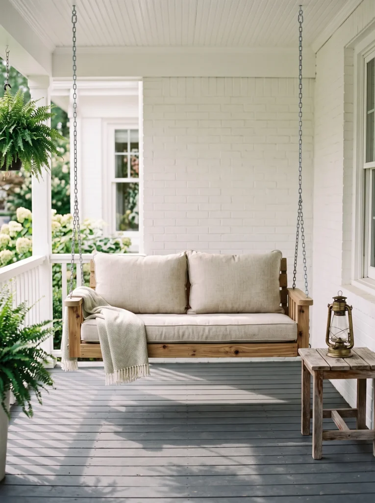 Sage green porch swing with oatmeal linen cushions and a cedar frame