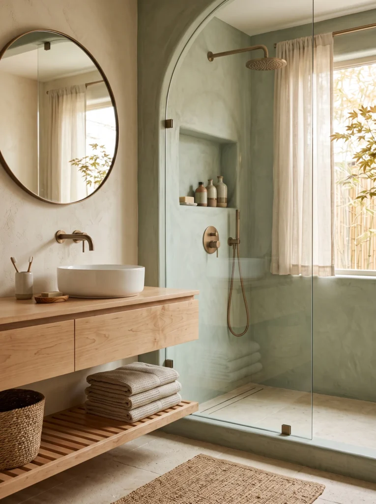  recessed sage-mist plaster shower niche with ceramic bottles