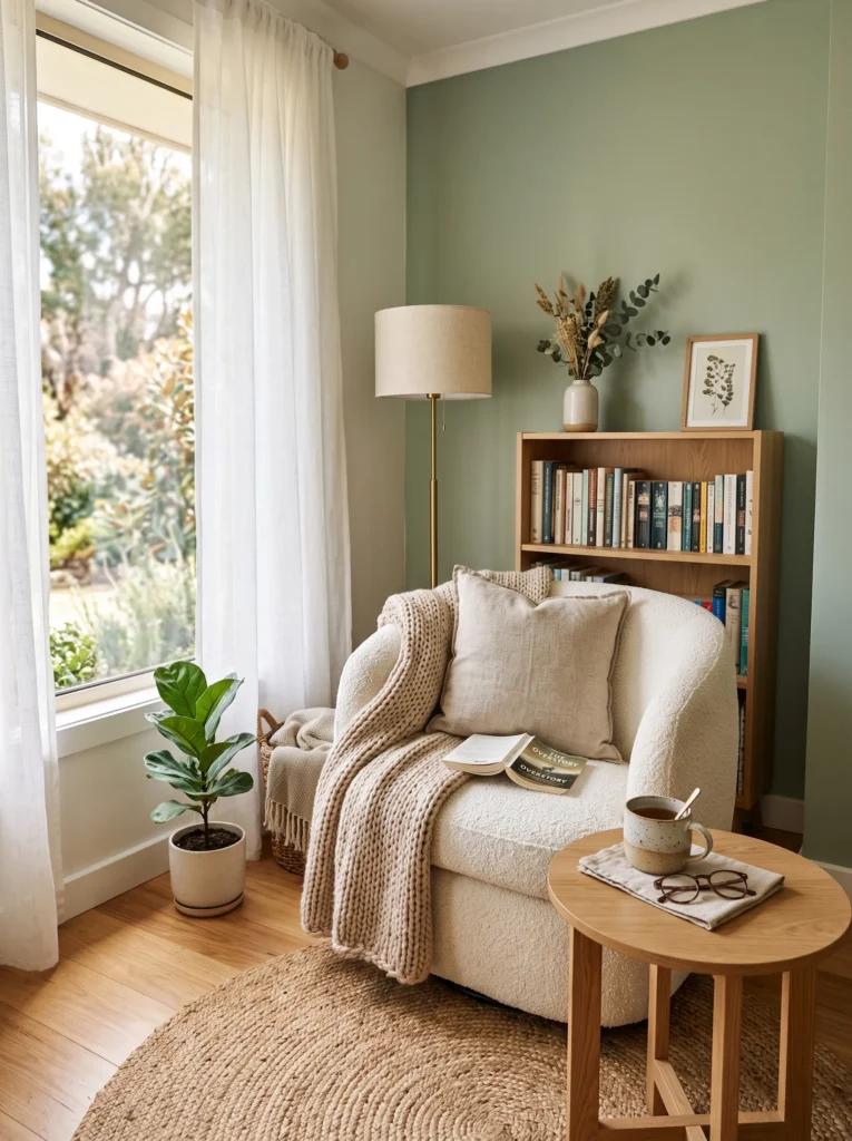 sage green reading nook cozy chair natural light