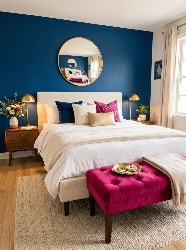 Sapphire blue bedroom wall with a fuchsia velvet bench