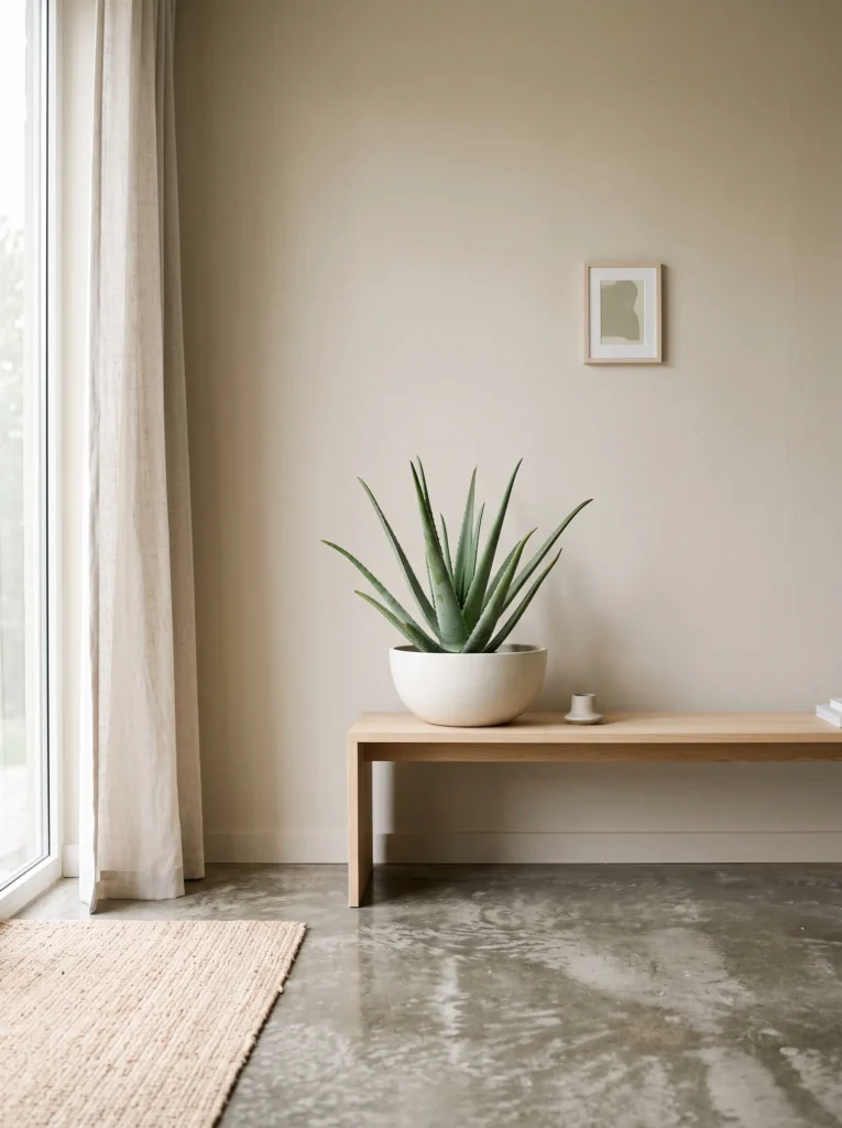 Single upright aloe in a matte bone-white bowl planter in a minimalist living room corner