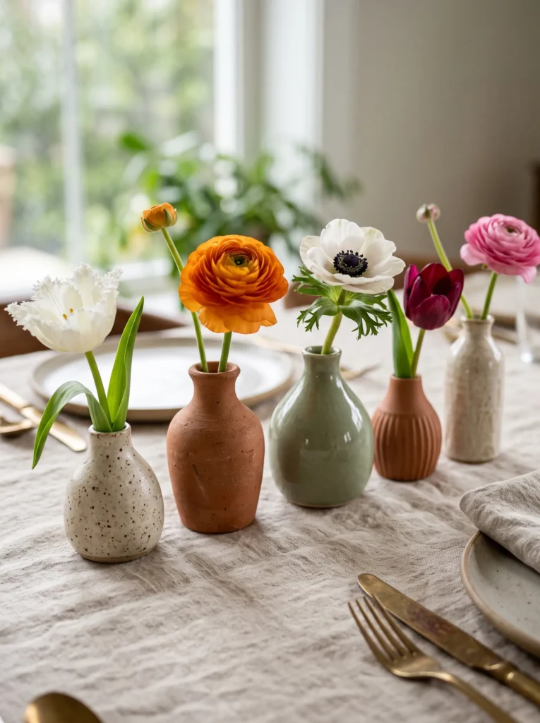 Mismatched sculptural bud vase cluster with single spring stems on a linen table