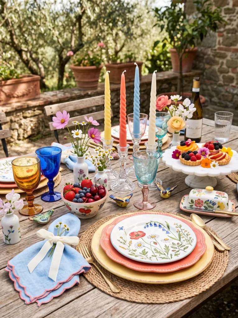 Sculptural pastel candles in twisted and knot shapes clustered on a spring table