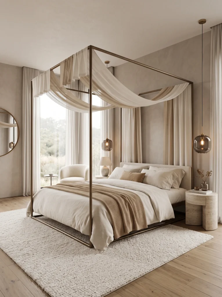 Sculptural bronze canopy bed frame with suspended linen panels