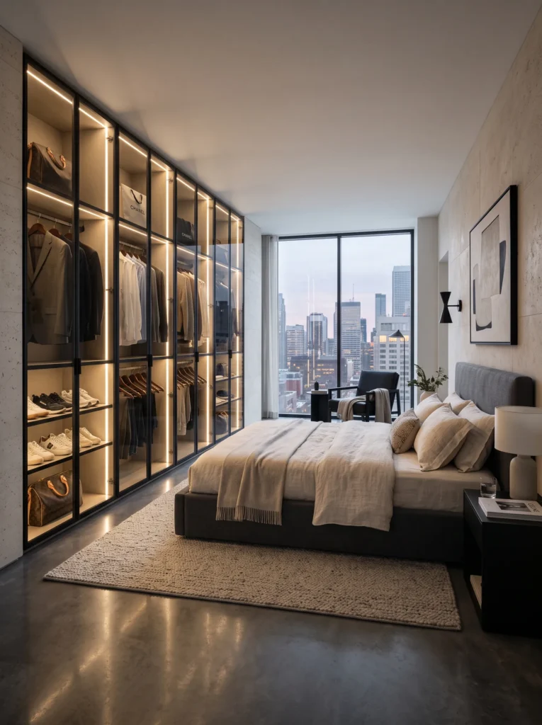 matte black aluminum framed sneaker cabinet with integrated LED shelving