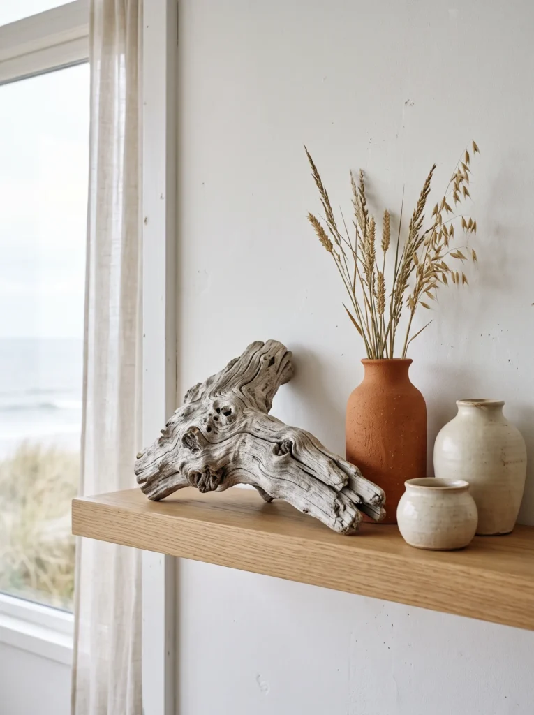 Sculptural bleached driftwood decor styled on a shelf with ceramic vases