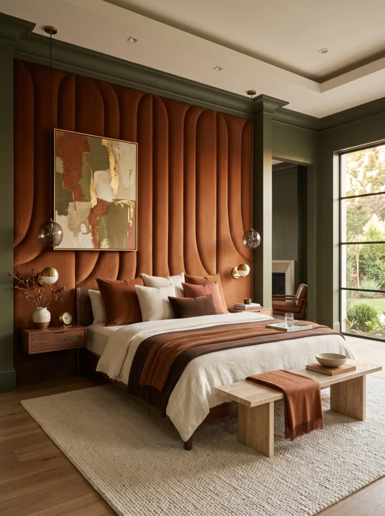 curved fluted headboard wall upholstered in cinnamon velvet with floating walnut nightstands