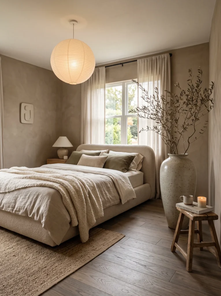 Tall ceramic floor vase with sculptural olive branches beside a curved bed