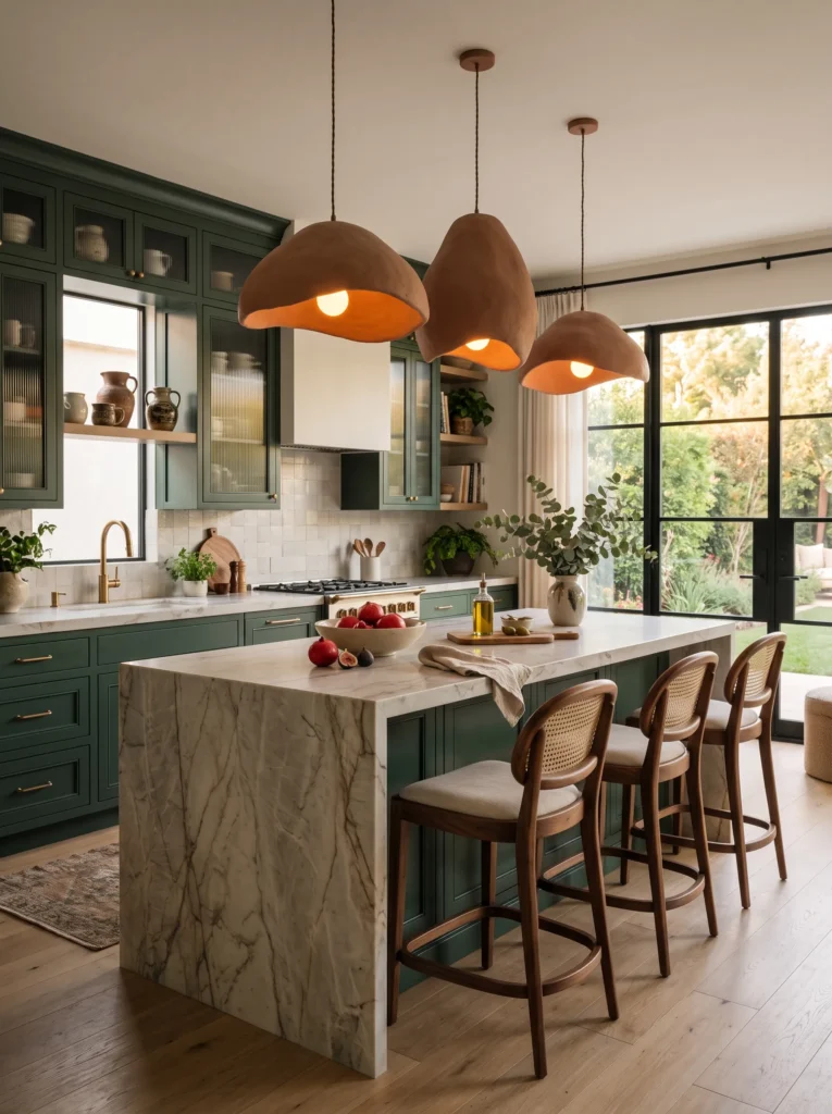 Modern boho kitchen decor with oversized terracotta sculptural pendant lights above a waterfall quartzite island.