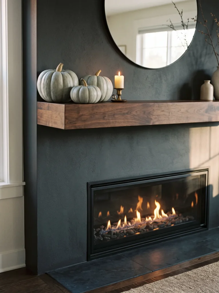 Pale heirloom pumpkins clustered on a dark wood mantel