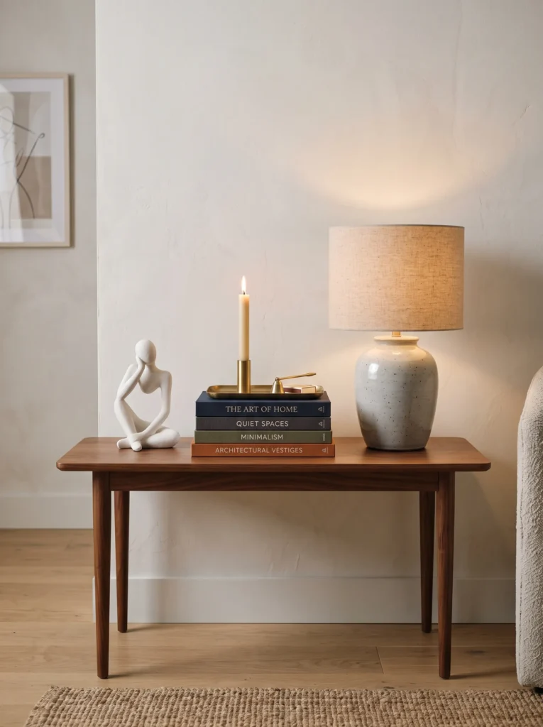 plaster sculptural figure styled on living room side table with books