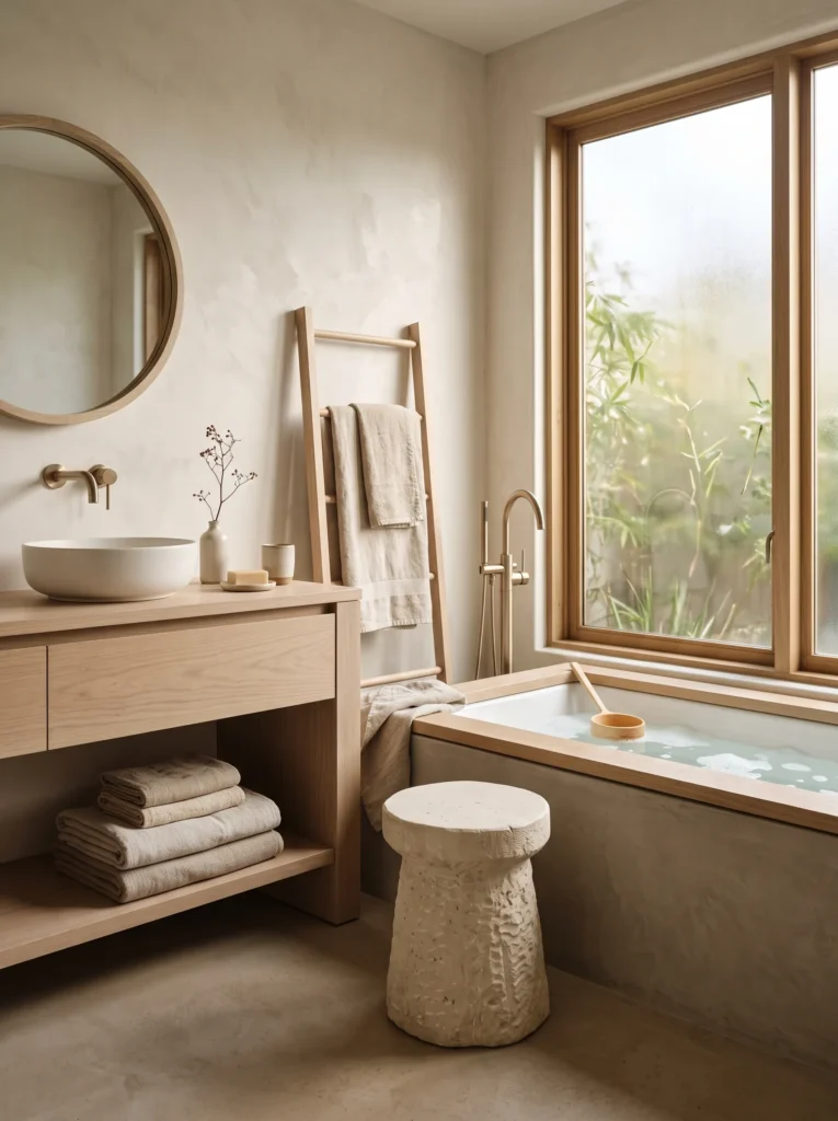 hand-carved limestone stool beside a soaking tub in a Japandi bathroom