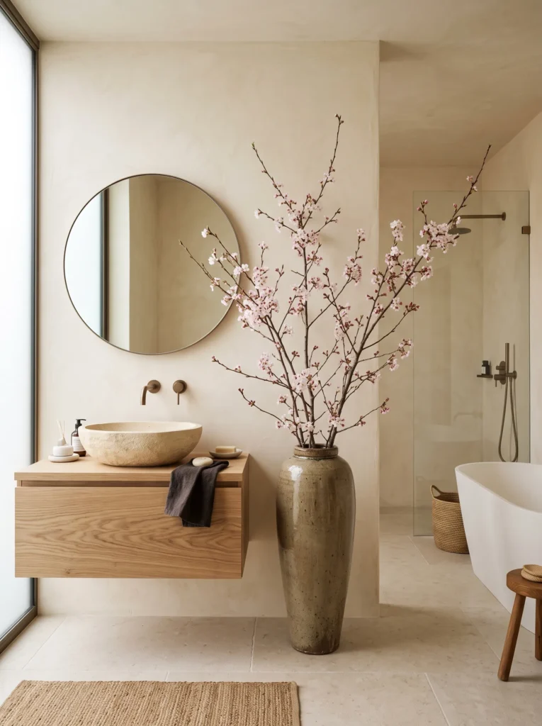 tall ceramic vase with flowering cherry branches in a Japandi bathroom