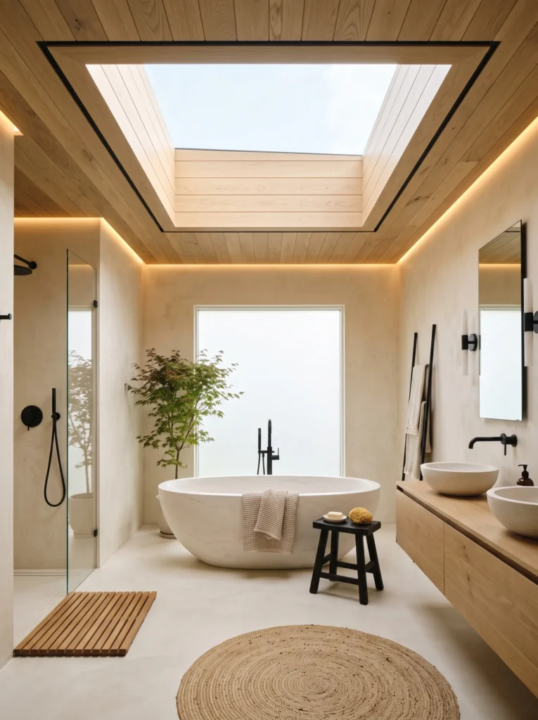 floating white oak ceiling with recessed shadow gap lighting