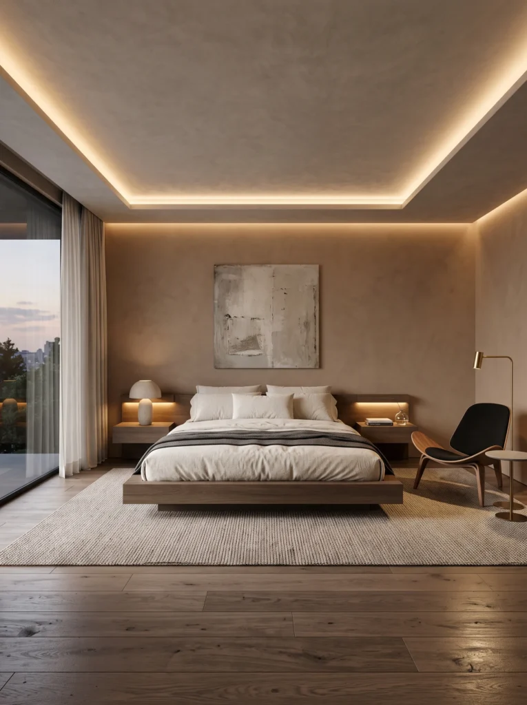 floating platform bed with hidden ambient shadow-gap lighting