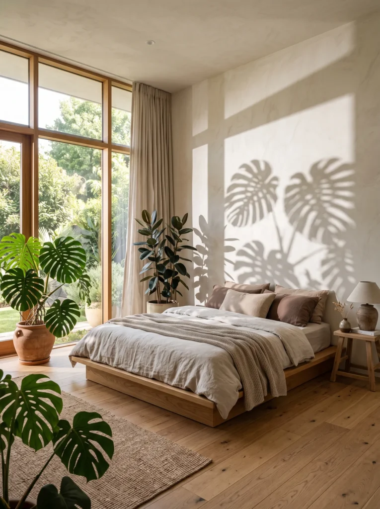 Monstera leaf shadows cast across a plaster wall in a sunlit bedroom