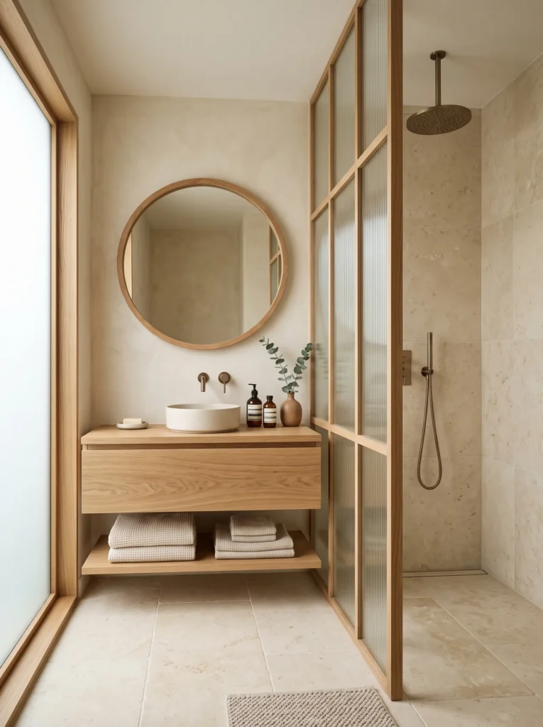 white oak framed fluted glass shower divider in a Japandi bathroom

