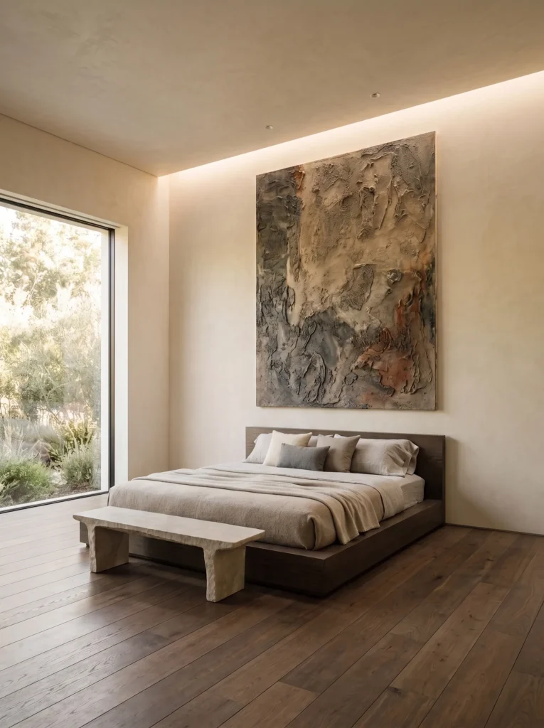 Oversized abstract artwork above a low monolithic bed in a gallery-style bedroom